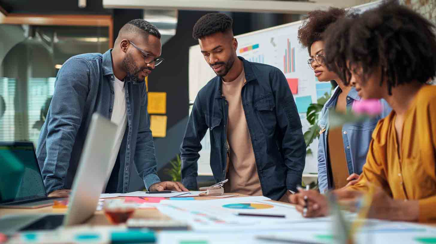 Marketing research team conducting audience and competitive analysis during a strategy session