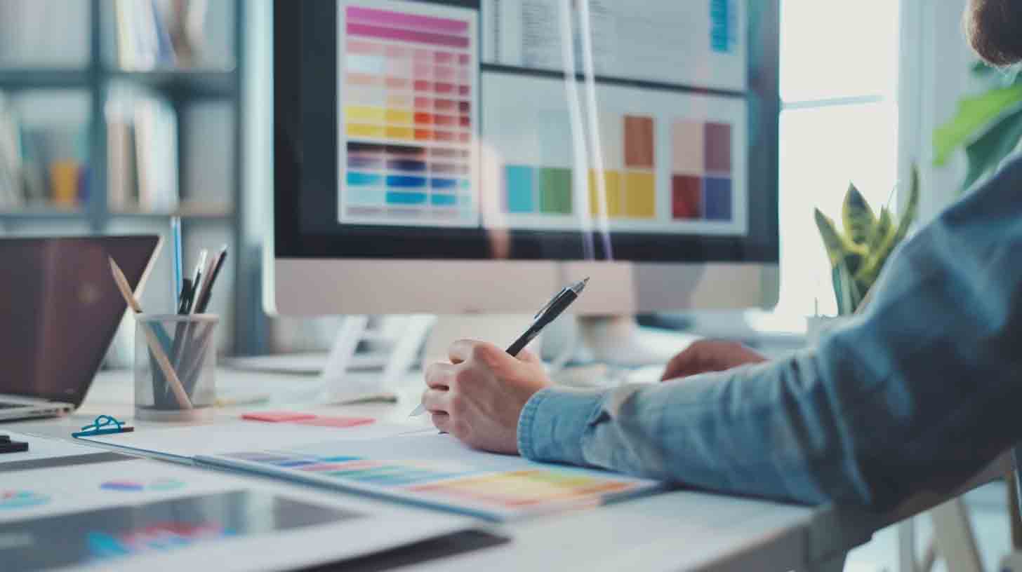 Graphic designer developing brand identity, color palettes, and visual design systems for businesses