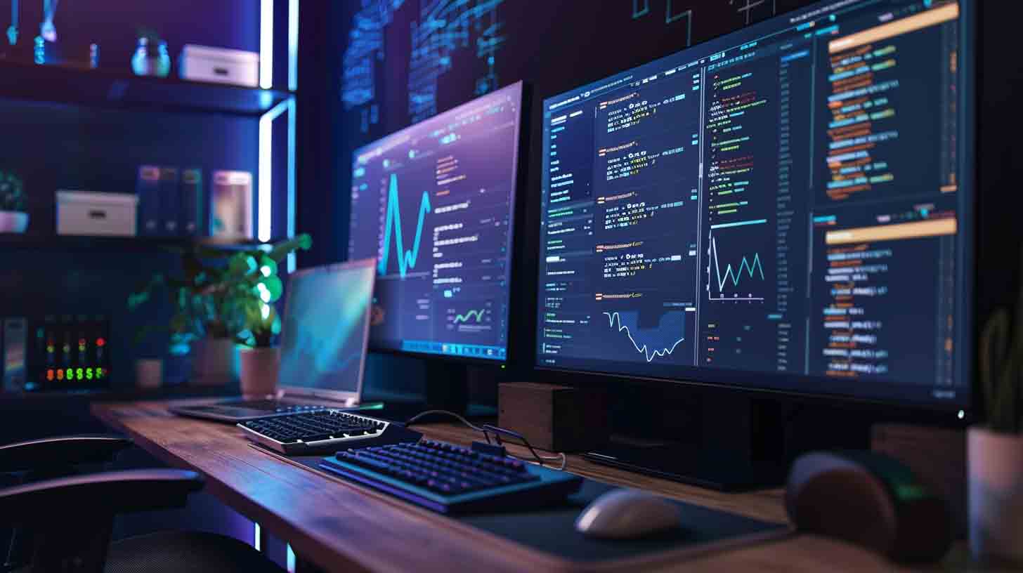 Custom website development environment displaying clean code, performance monitoring, and responsive layouts