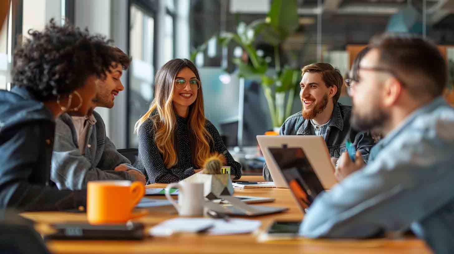 Digital marketing team discussing client success stories and outcomes