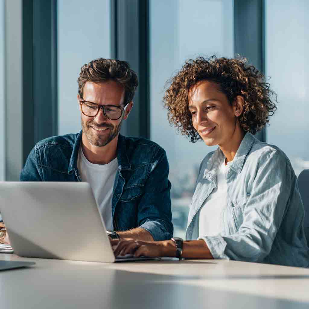 Two professionals reviewing digital marketing performance together during a business consultation