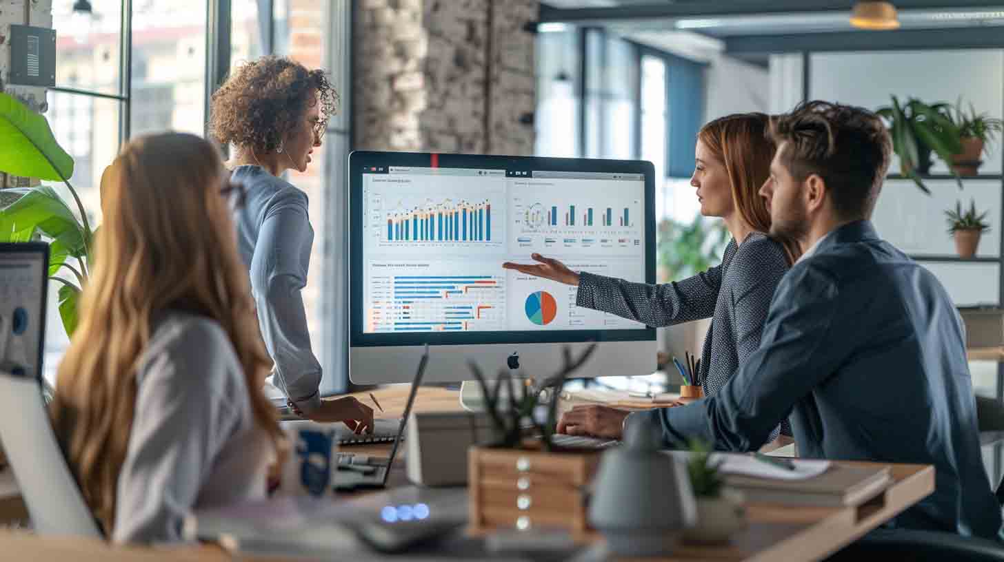 Digital marketing team reviewing analytics dashboards and campaign performance metrics