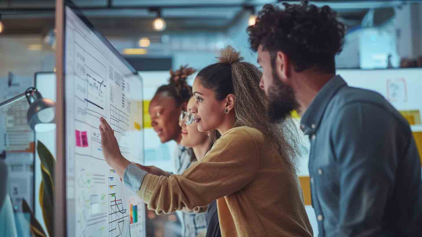 Digital marketing team collaborating on strategy planning, funnels, and performance frameworks