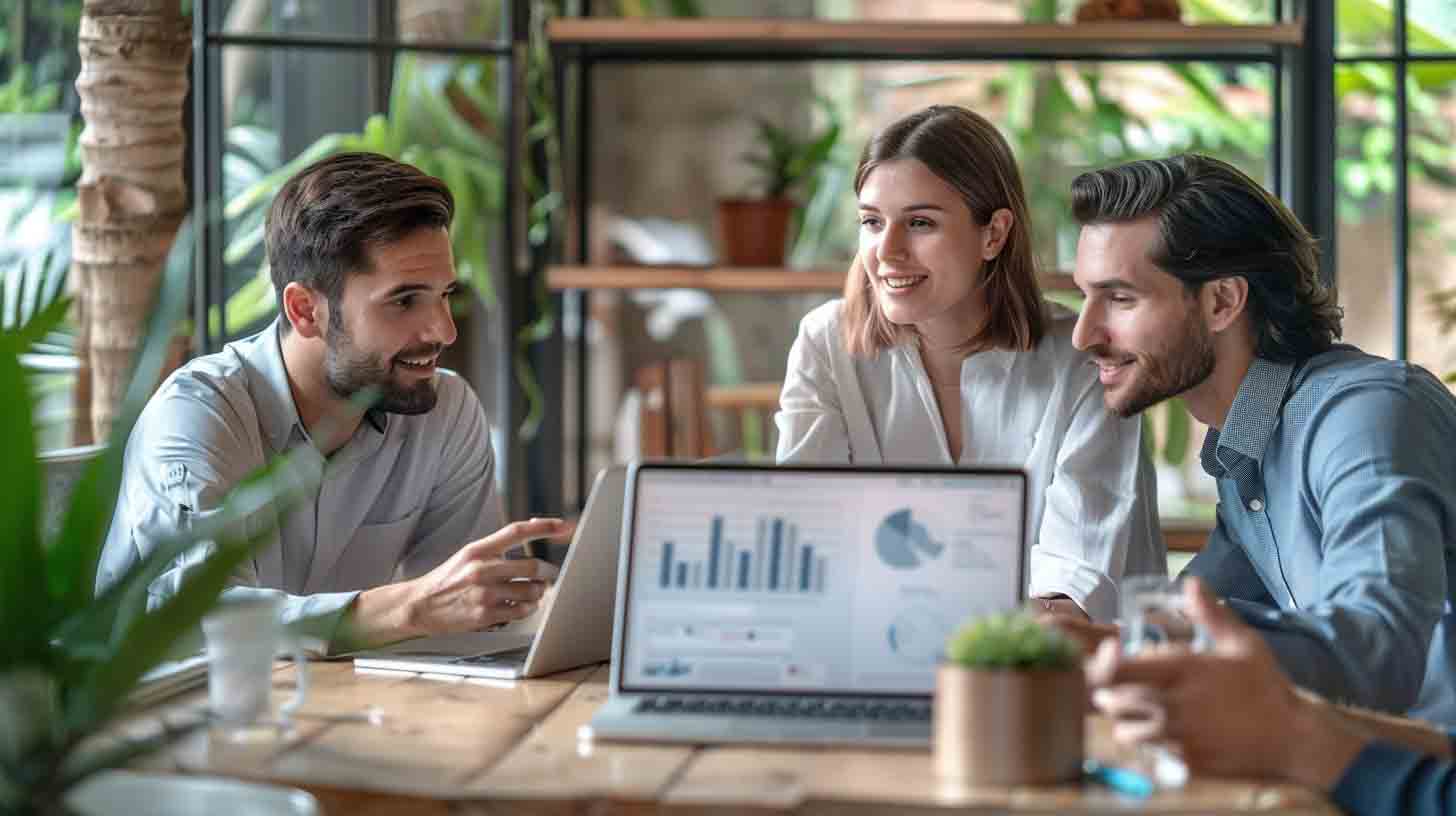 Local business owners meeting with a San Diego digital marketing consultant to review website growth and lead generation results