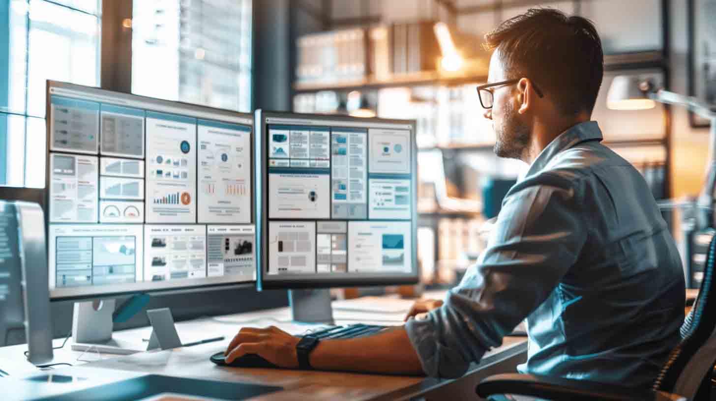 Market research analyst reviewing competitive data and performance insights on multiple dashboards