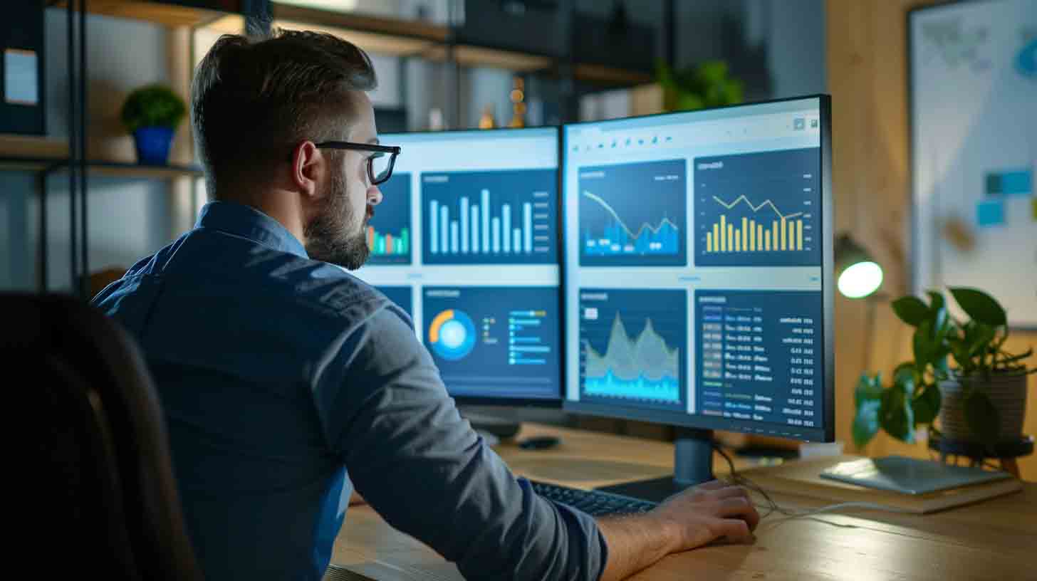 SEO strategist analyzing organic traffic, keyword rankings, and performance dashboards