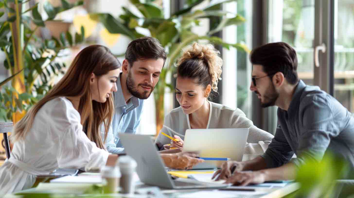 SEO team collaborating on keyword research, content optimization, and strategy planning