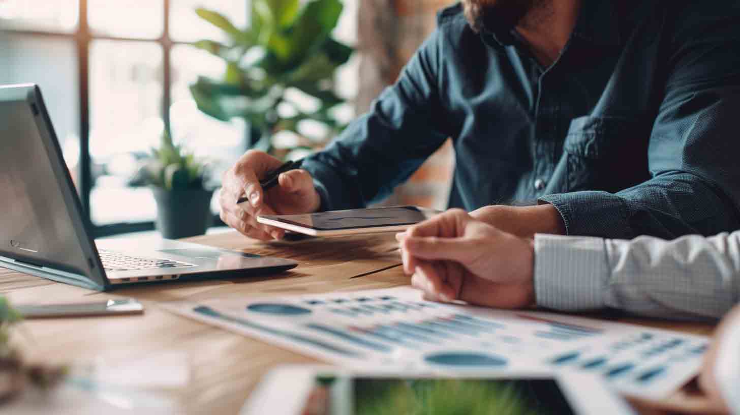 Social media marketing consultation reviewing strategy and performance reports