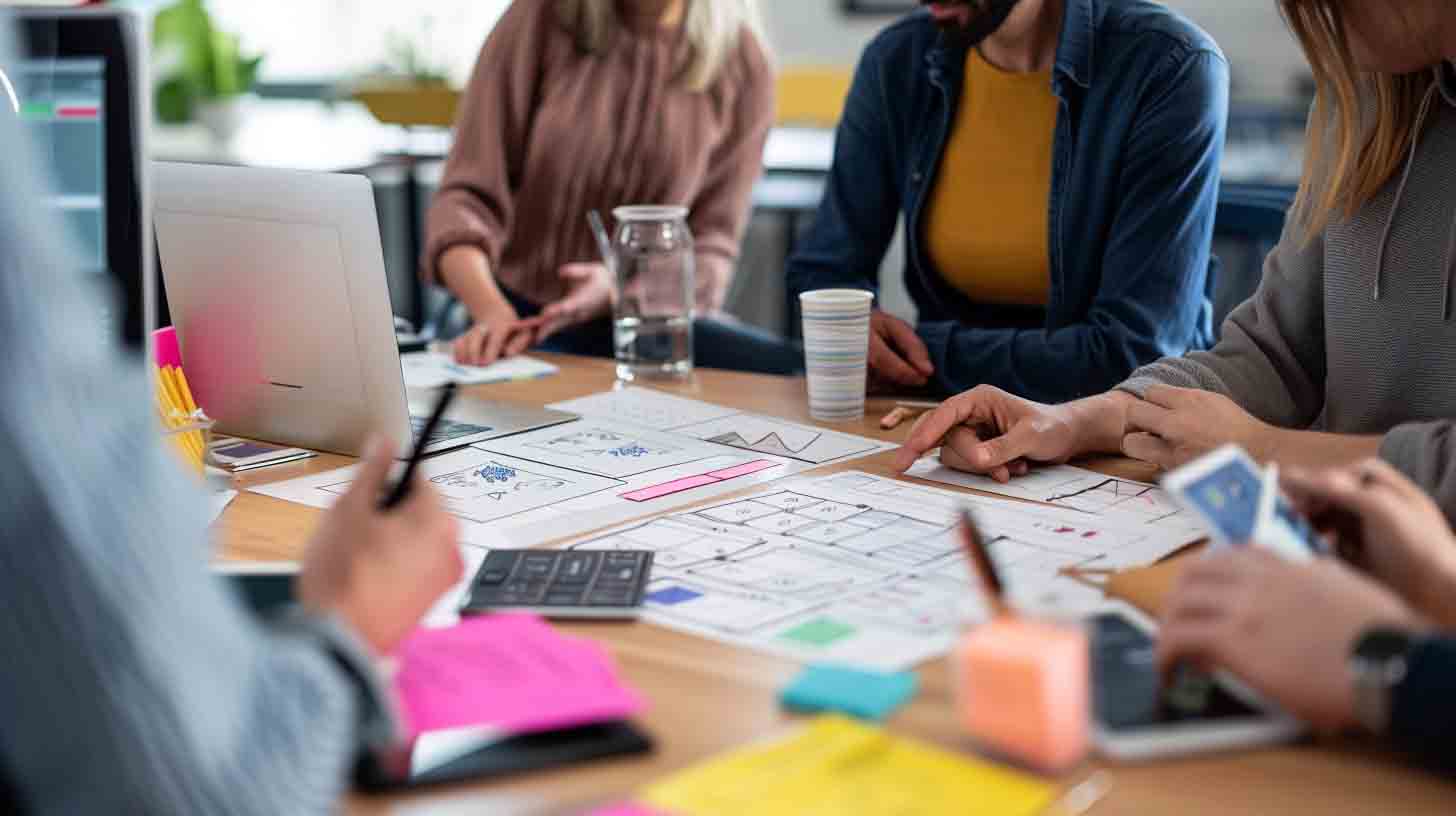 UX and UI website design collaboration with team reviewing wireframes and layout plans
